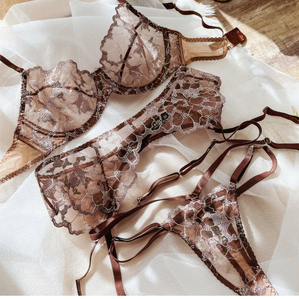 3 Pcs Sexy Lingerie Set Women Lace Embroidery Bra French Ultra Thin Mesh Underwear Summer High Quality Bras and T-back Stockings