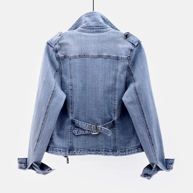 2023 Spring Autumn New Stretch Denim Jacket Women Short Blazers Coat Slim Suit Collar Long Sleeve Top Outerwear Cardigan Female