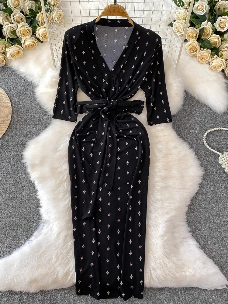 Nuevos Vestidos estampados con cuello en V para Mujer, bata ceñida De cintura alta para Mujer, Vestidos De Mujer 2025, vestido Sexy De otoño con temperamento Vintage