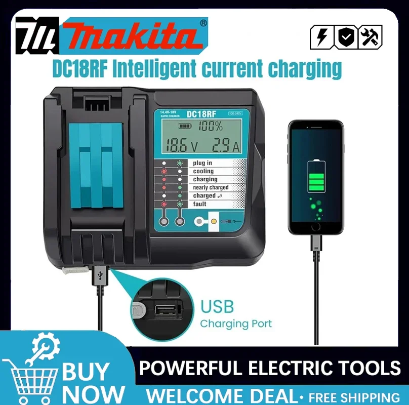 

Зарядное устройство Makita DC18RF для литий-ионных аккумуляторов, ток зарядки 3.5А, 14.4В/18В, для BL1830, BL1430, DC18RC, DC18RA, для электроинструментов, с USB