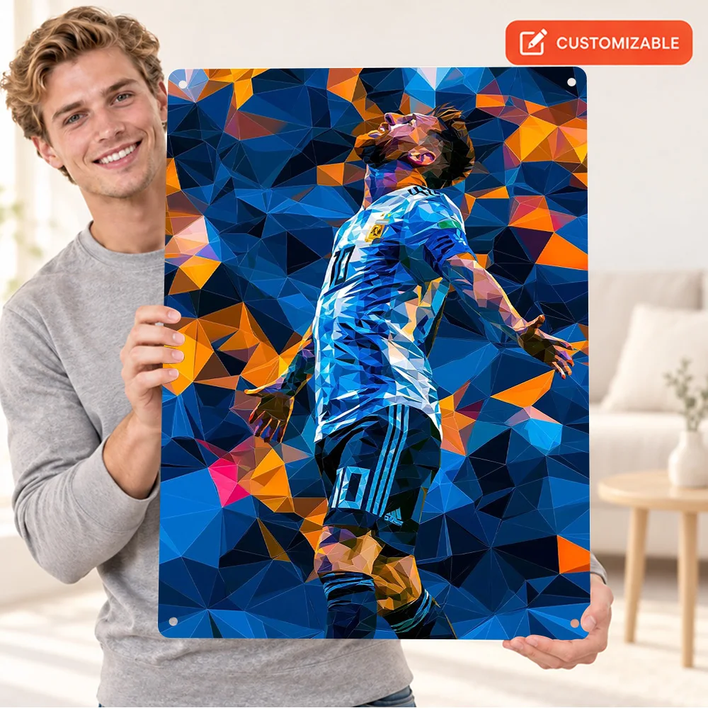 Lionel Messi Textured Metal Poster Customized Aluminum Sign Geometric Illustration Wall Art For Sports Lounge Football Fan Gift