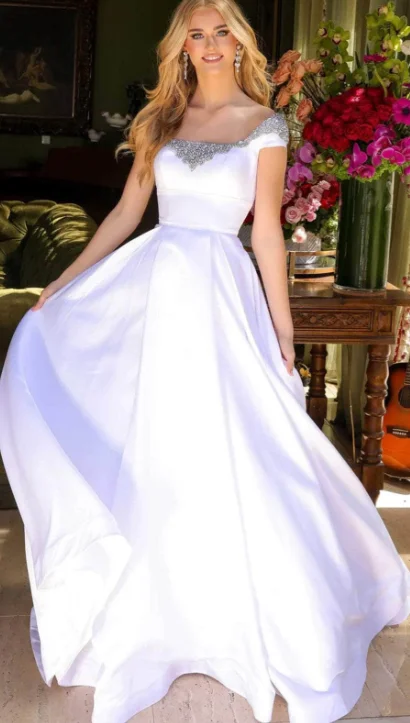 Evening Dresses Ivory Women's Formal Evening Gowns Off-the-Shoulder Crystal Beaded Satin Ball Gown Elegant Wedding Guest Dresses