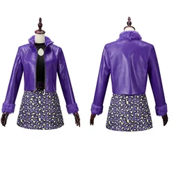 Wolf Sister Cosplay Costume Anime Girl Purple PU Leather Jacket Belt Leopard Print Skirt Suit for Women Halloween Carnival Outft