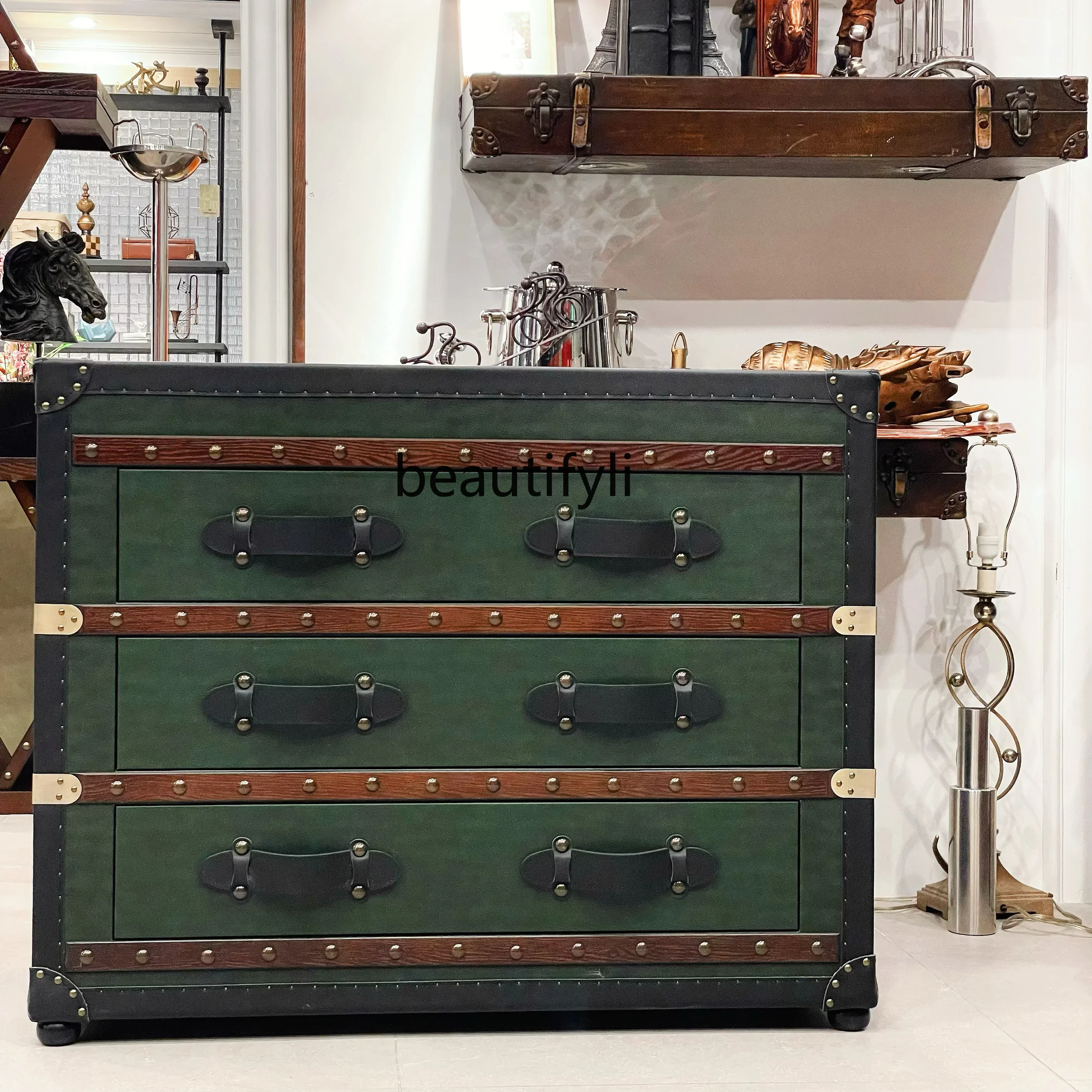 

Esmt163 American retro fashion dark green three-bucket cabinet premium dining side storage cabinet