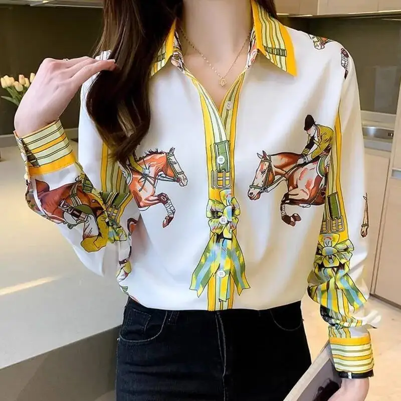 # 3101 Chiffon Damenoberteile und Blusen 3D-bedruckte Hemden Langarm Französischer Stil Slim Fit Bürohemden Damen Vintage Satin