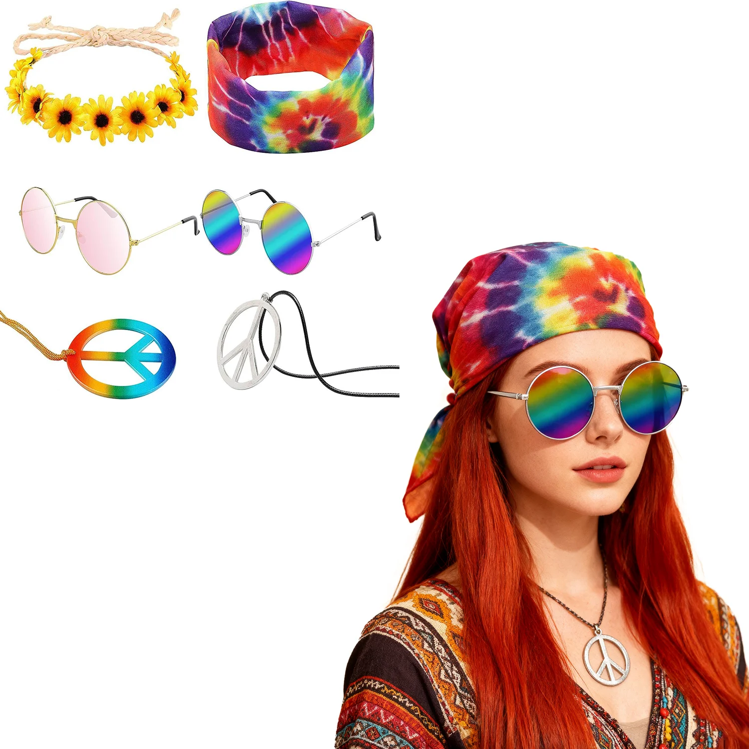 PESENAR Hippie clothing accessories: headscarves sunglasses headbands and peace logo necklace suitable for hippie-themed parties