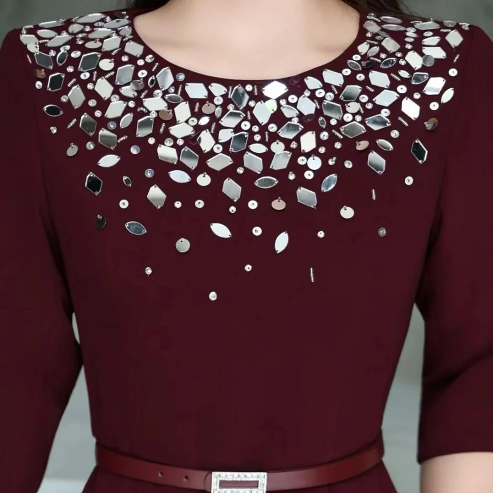 Vestidos de Noche acampanados para mujer, hasta el tobillo, cuello redondo, manga tres cuartos, vestido de fiesta, fajas con lentejuelas a la moda, vestidos personalizados