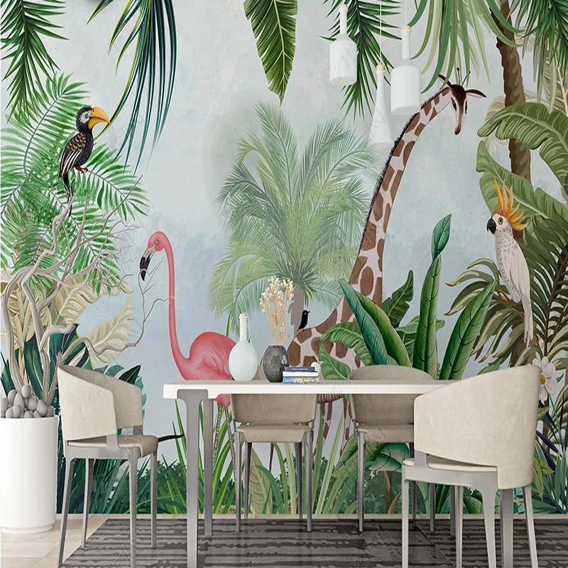 

Custom Mural Wallpaper Northern European Rainforest Flamingo Giraffe Fresco Living Room Restaurant Background Wall Decor Poster