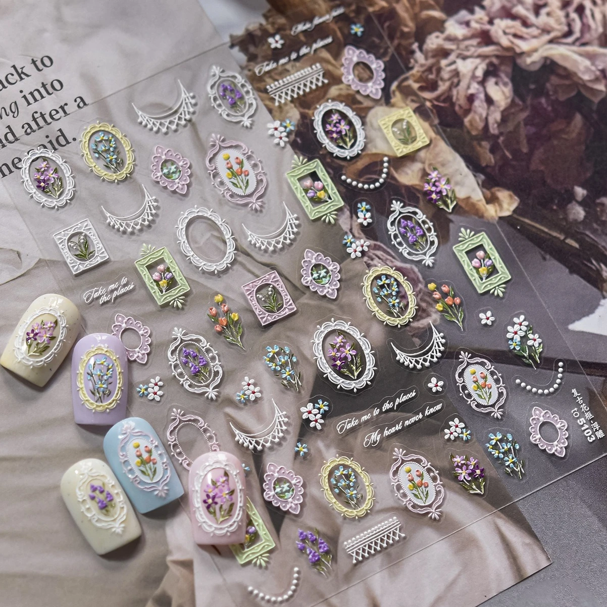 Marco de flores Vintage elegante, ramo de flores, lavanda, Margarita, tulipán, borlas, estilo europeo, pegatinas delicadas para decoración de uñas, calcomanías para manicura