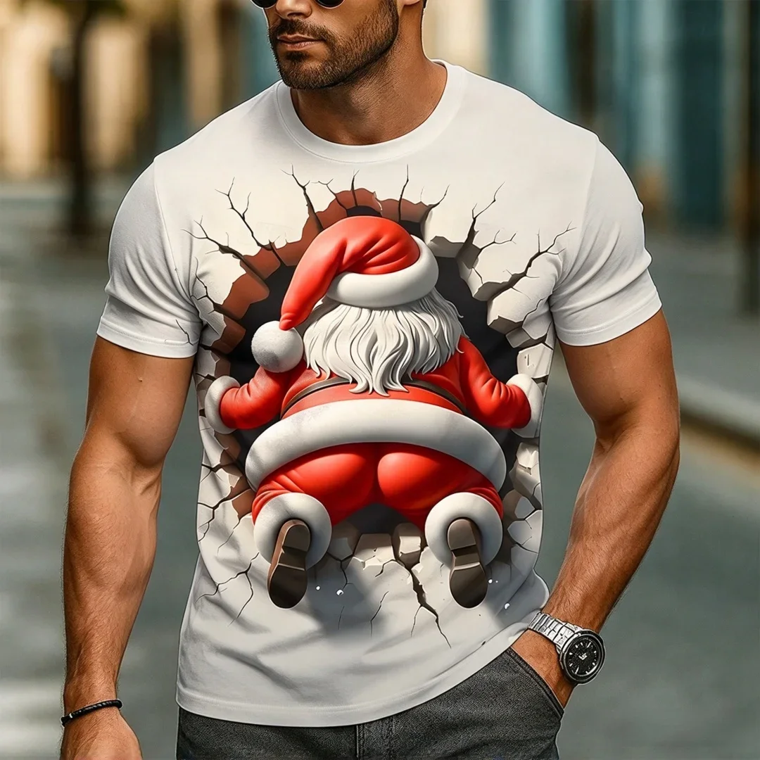 2026 Fashion New Men's 3D Santa Claus Break Wall Print T-shirt Christmas Funny Graphic Short Sleeve Casual Tee Party T Shirt Top