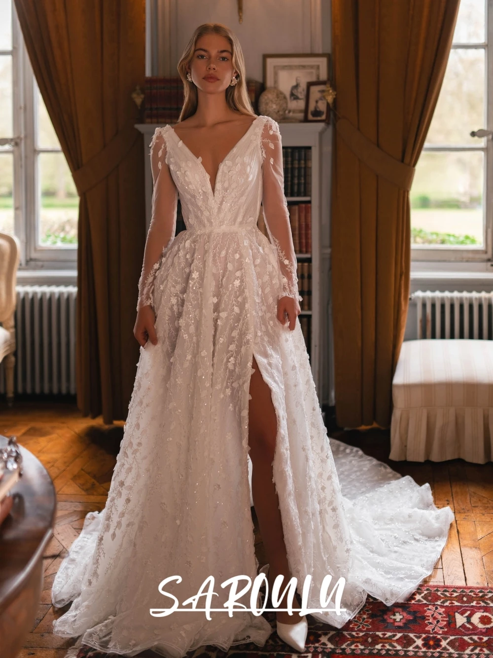 

Romantic Floral A Line Wedding Dress Sexy High Slit Glitter Customized Bridal Gown Charming V Neck Sheer Beach Bride Wear