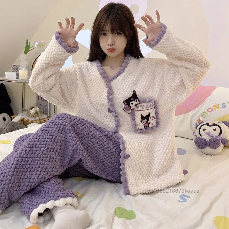 Sanrio Kuromi Autumn Winter Coral Velvet Warm Pajamas Women\'s Thickened Flannel Home Clothes Set Japanese Style Kawaii Sleepwear