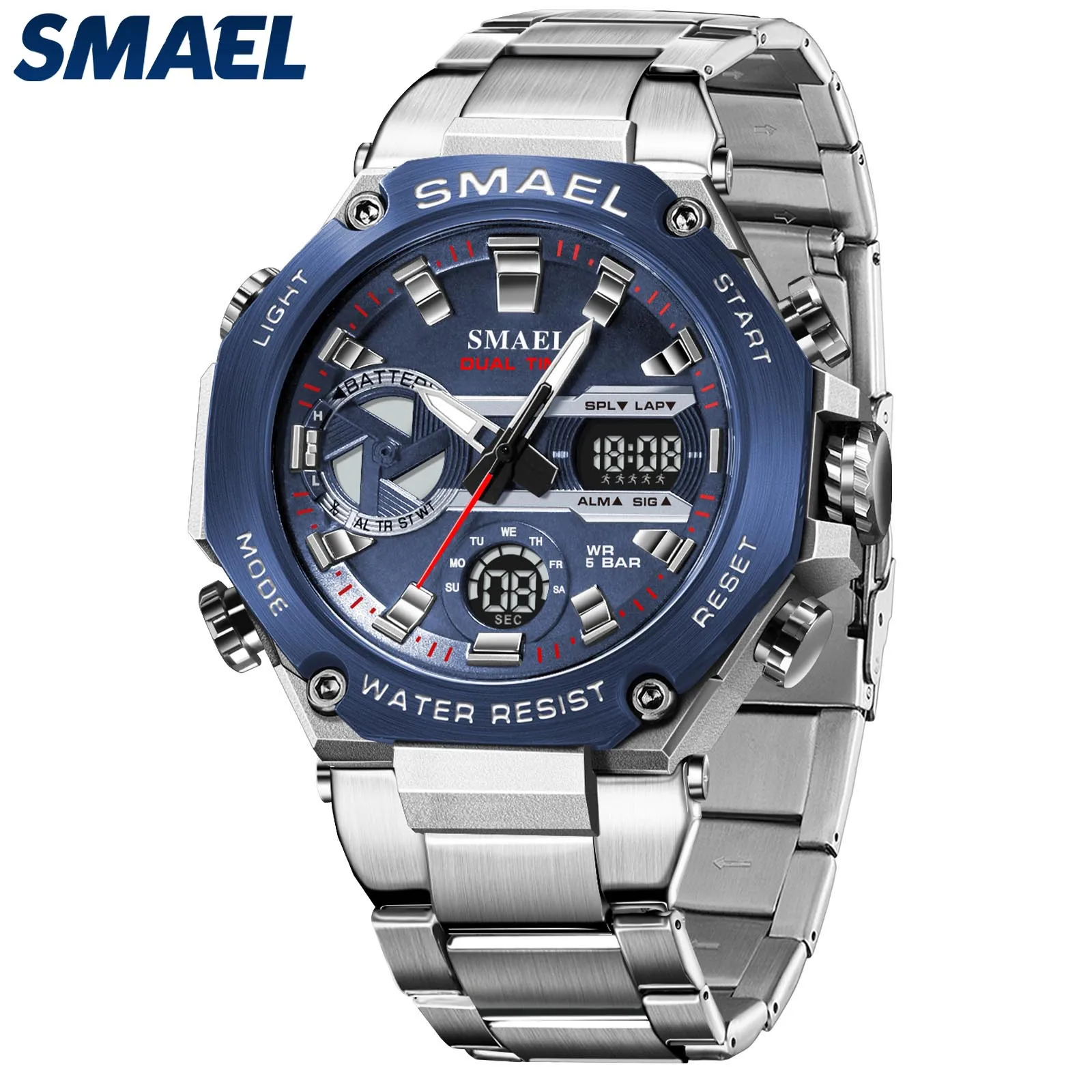 SMAEL  Stainless Steel Watches 50M Waterproof  Quartz Watches 8097 Bussiness Watches Dual Time Back Light Digital Watches LED