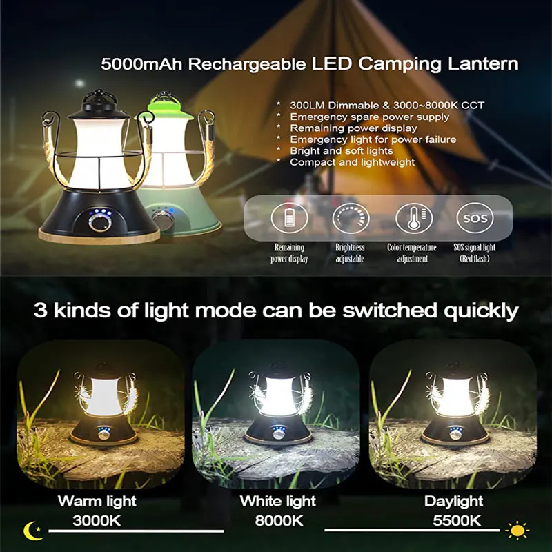 Retro Portable Camping Lantern Rechargeable Light Hanging Lamp Outdoor Camping Light Household 3 Modes Dimmable Emergency Light