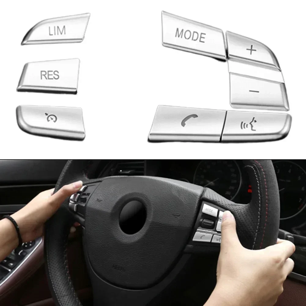 7X Car Chrome Steering Wheel Button Cover Trim Silver Interior Decoration Accessories For BMW 5 Series F10 F18 2011-2016 GT F07