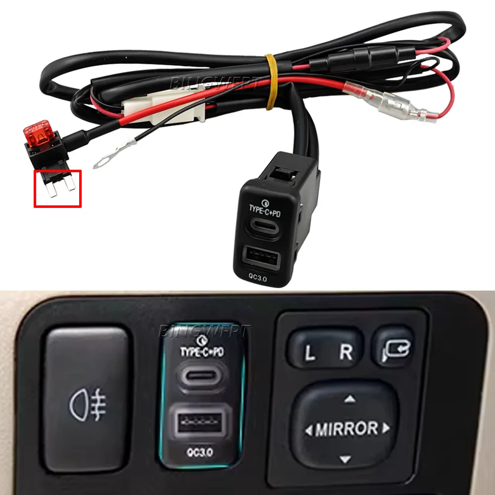 

Для Toyota FJ Cruiser 2007-2014, Hilux Fortuner 2005-2014: быстрое автомобильное USB-зарядное устройство QC3.0 Type-C с красной LED-подсветкой и предохранителем.
