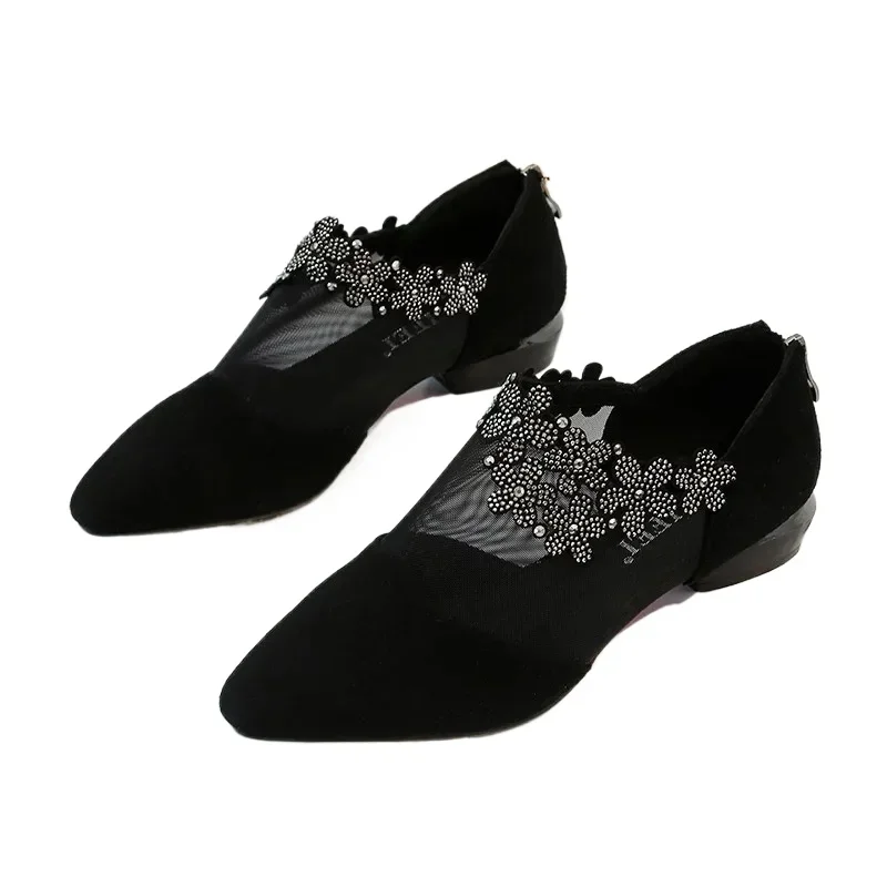 Women  Fashion Black Lace Rhinestone Sandals Flowers Low Heel Sandals Mesh Plus Size Sandalias Mujer Casual Shoes