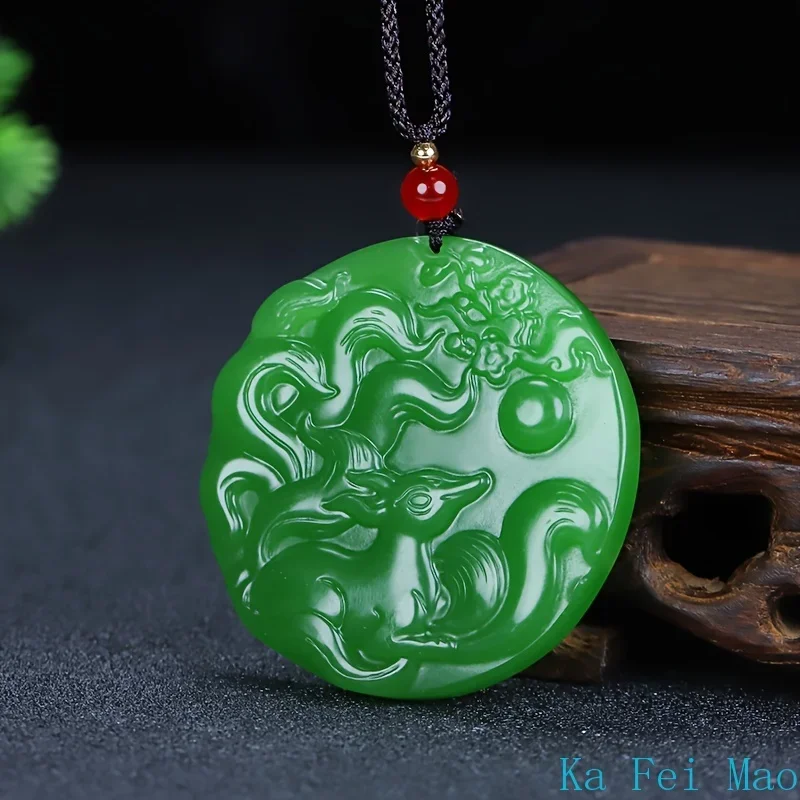 Pendentif renard à neuf queues, collier en Jade, pendentif de Couple rond vert pour hommes et femmes, bijoux à la mode, cadeau avec lanière, 1 pièce