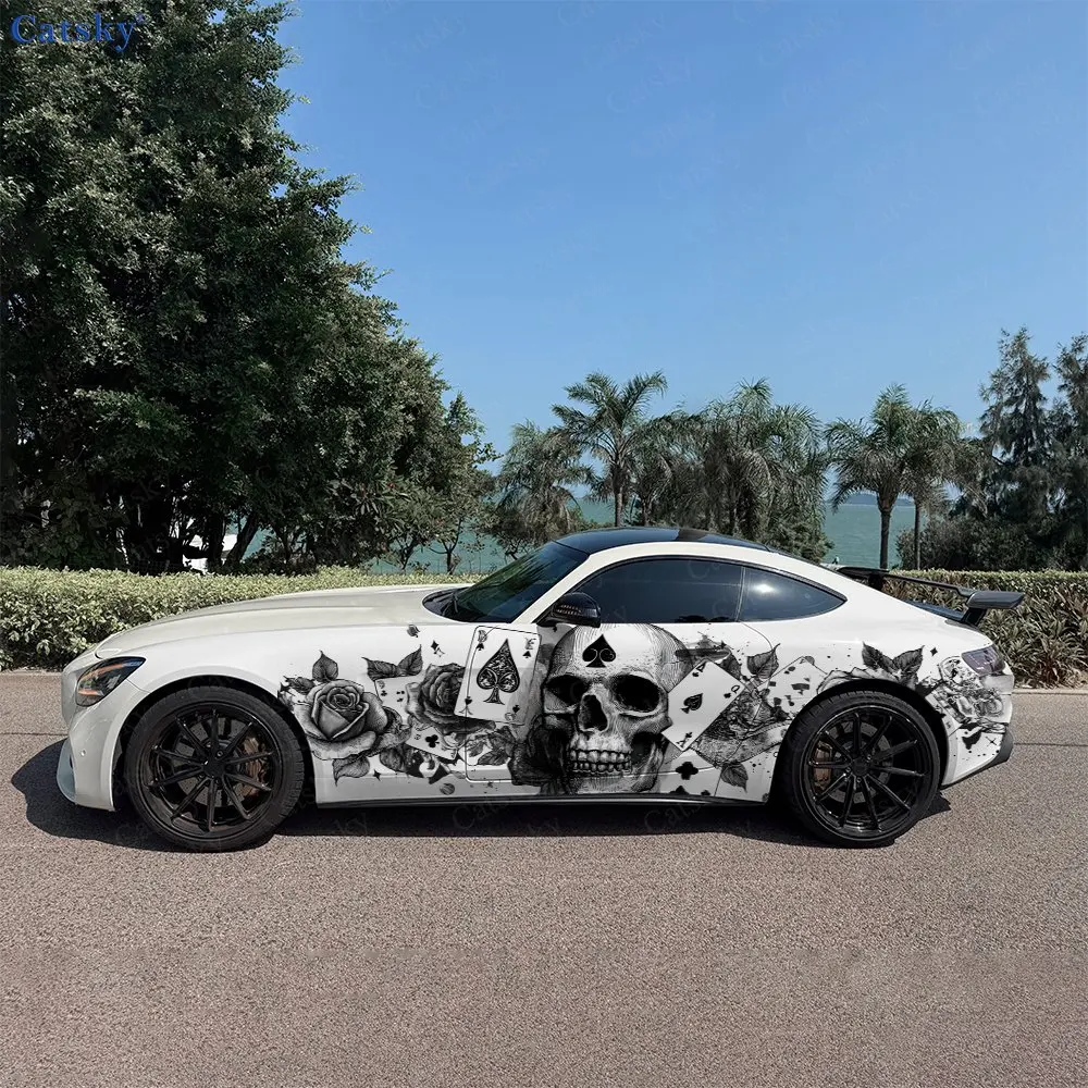 2pcs Playing Cards with Spade Skull Car Side Wraps, Self-Adhesive PVC Waterproof & Scratch-Resistant Sticker, Car Accessory Gift