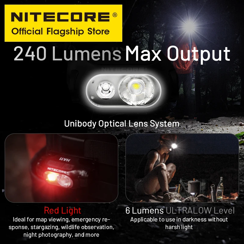 NITECORE-faro HA11 con batería alcalina AA, 240 lúmenes, 36g, para correr por la noche, pesca, Trekking, viaje por carretera