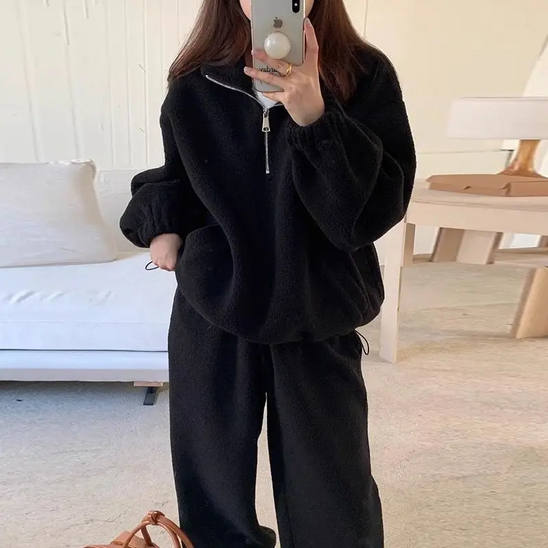 2023 Korean Spring Autumn Retro Lamb Fleece Standing Neck Zipper Drawstring Sweater+Elastic Waist Strap Casual Pants Set