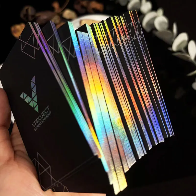Holographic Foil Custom Business Card Black Card Hollowing Design and Print Black Card Stock Foil Silver Foil Luxurious Rainbow