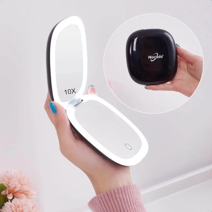 

Compact LED Magnifying Travel MakeupMirror 4 inches 1X 10X Magnification Small Hand Pocket Dimmable Double Sided USB Rechargeab