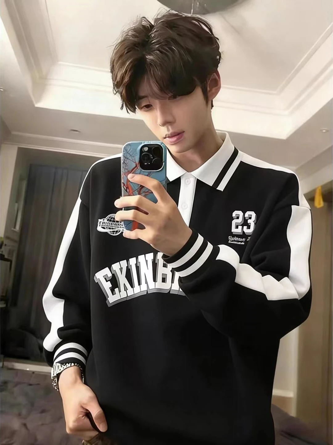 

Молодежный цветной свитшот с американским ретро-принтом, мужская весенняя футболка с воротником Хенли и длинными рукавами