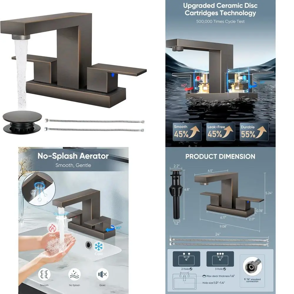 

Oil Rubbed Bronze 3-Hole Square Centerset Bathroom Sink Faucet with Pop-Up Drain, 2 Handles, 2 Hoses, Lead-Free Stainless Steel