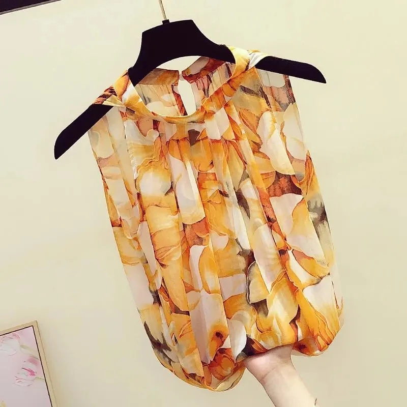 Orange Floral Printing Chiffon O-Neck Sleeveless Loose Pullover Women\'s Blouse Shirt Korean Fashion Female Clothing Tops 2024