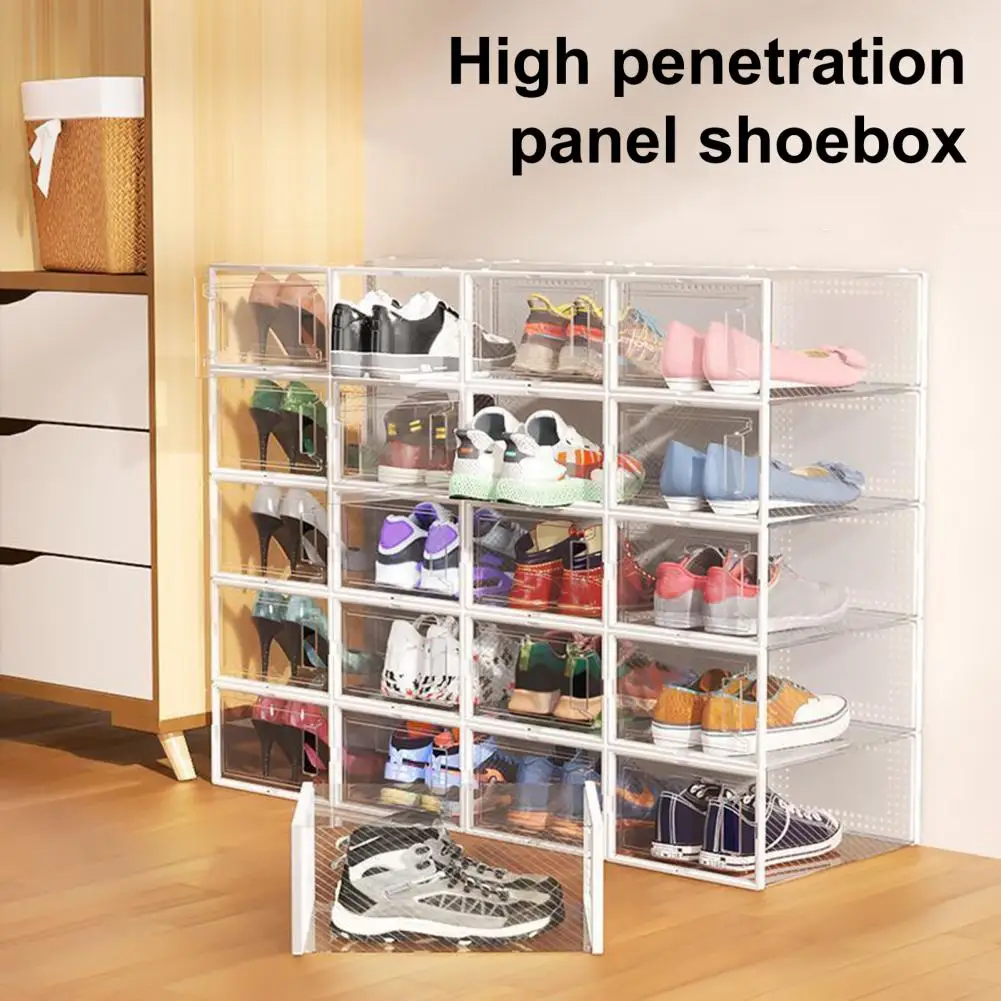 3 Pcs Transparent Shoe Box Fold Plastic Shoes Case Side-opening Boxes Stackable Shoe Organizer Circular Exhaust Holes Shoebox