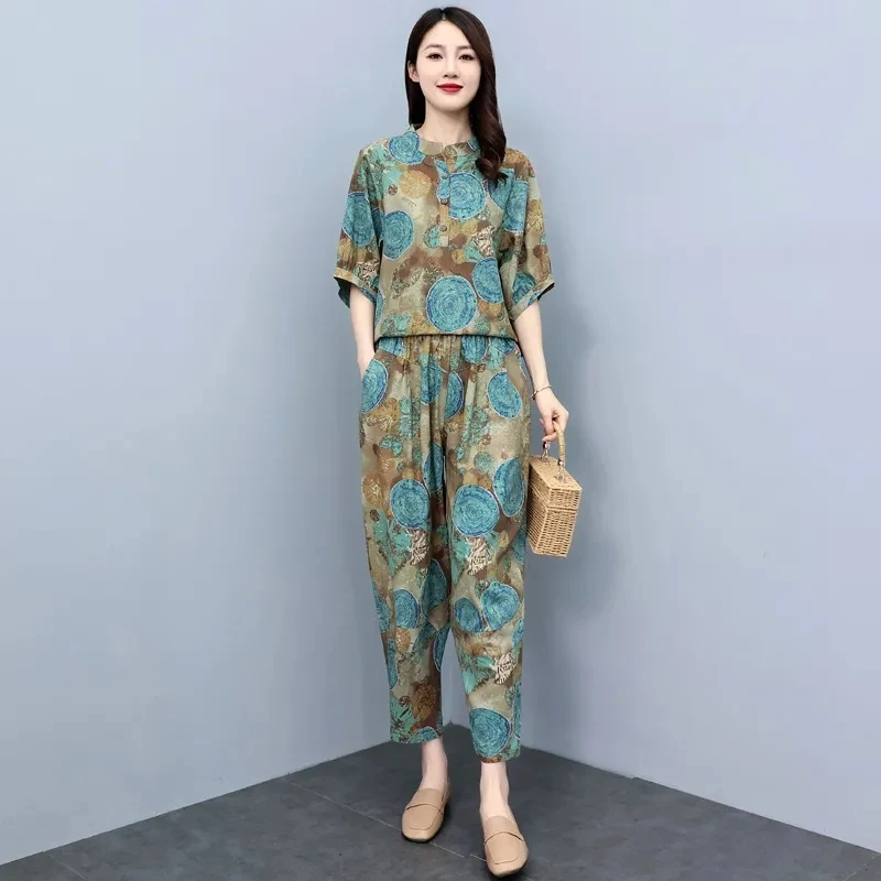 Middle Aged Mother Summer Suits 2023 New Fashion Age Reducing Harun Pants Cotton Hemp Set Short Sleeve Top Two Piece Set Female