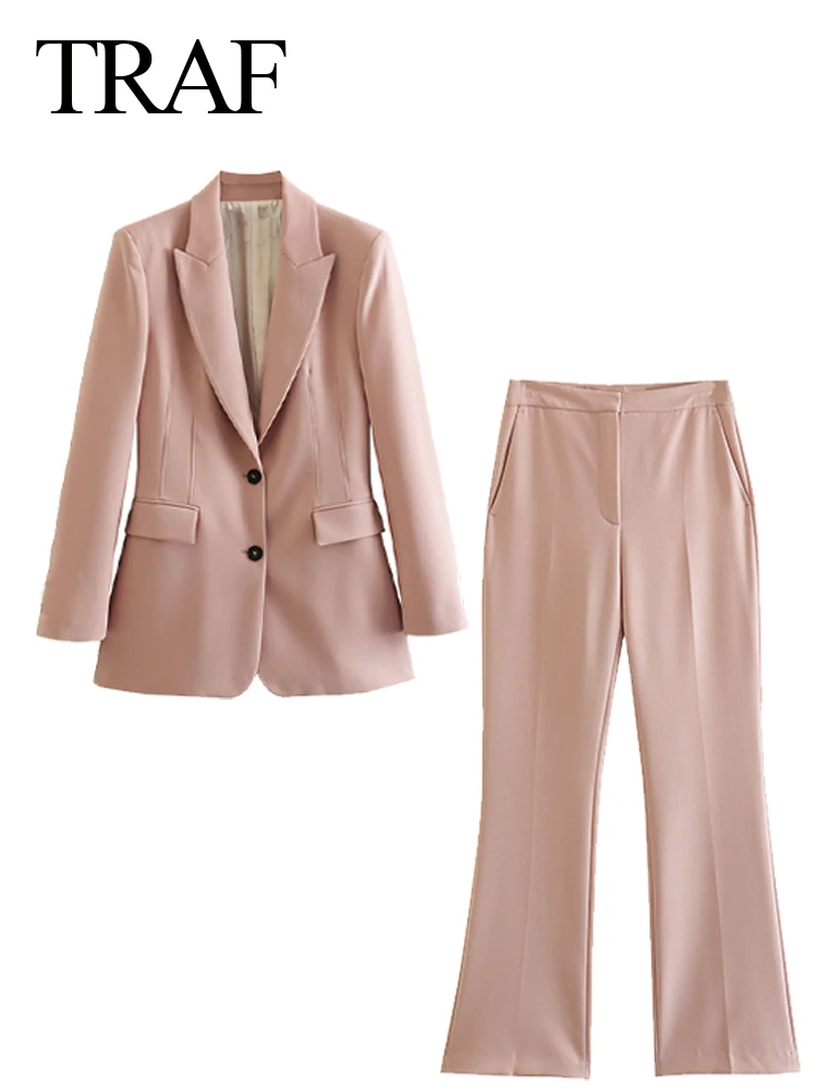 TRAF 2023 Jesienny damski 2-częściowy zestaw Office Lady Lapel Long Sleeve Blazers + High Waist Hidden Buckle Zipper Trousers Femininos