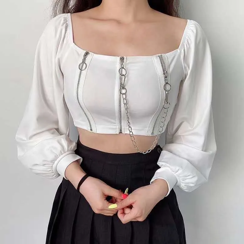 Y2K New Summer Long Sleeve Tops Tee Short Fashion Retro Style Chain Solid Crop T-shirt Cross Collar Slim Cotton Pullover Tshirts