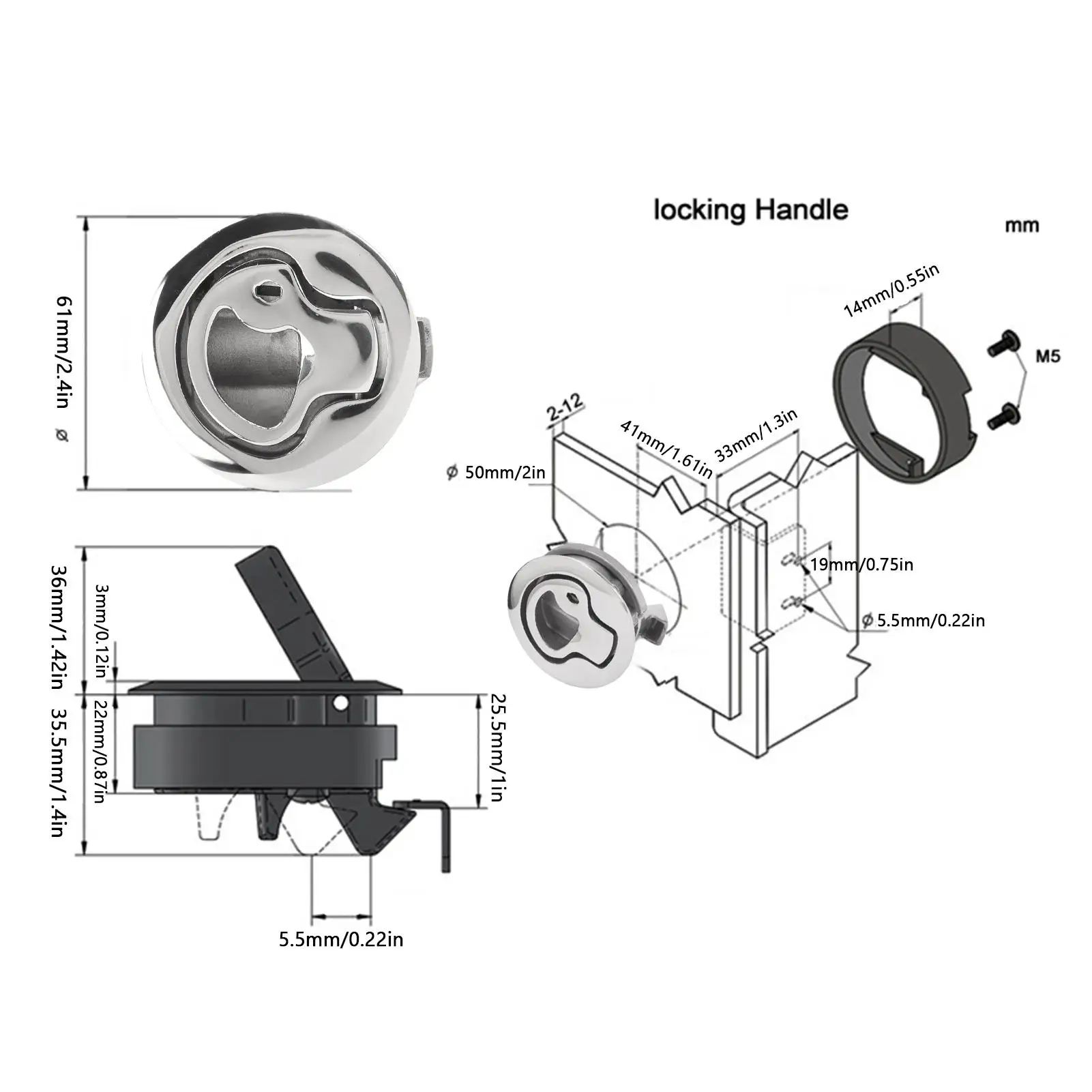 Marine Boat Door Lock Flush Pull 316 Stainless Steel 2in Round Universal Locking with 2 Keys - Ideal for rv and for home