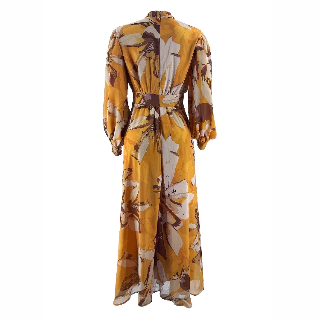 Nova chegada modesto vestido feminino impressão floral amarelo fino ajuste chiffon gola vintage moda cintura natural abaya