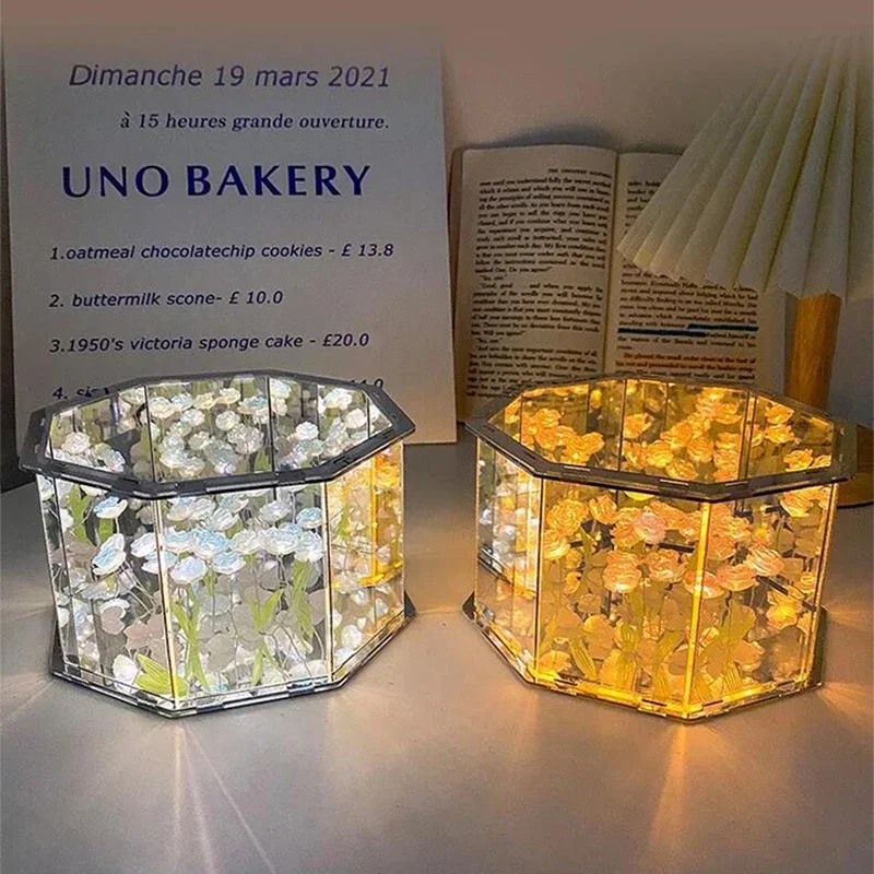 LED Decor Night Light DIY Handmade Tulip Mirror Cube Lamp Three-Dimensional Night Light Material Package Birthday Gifts Tulip