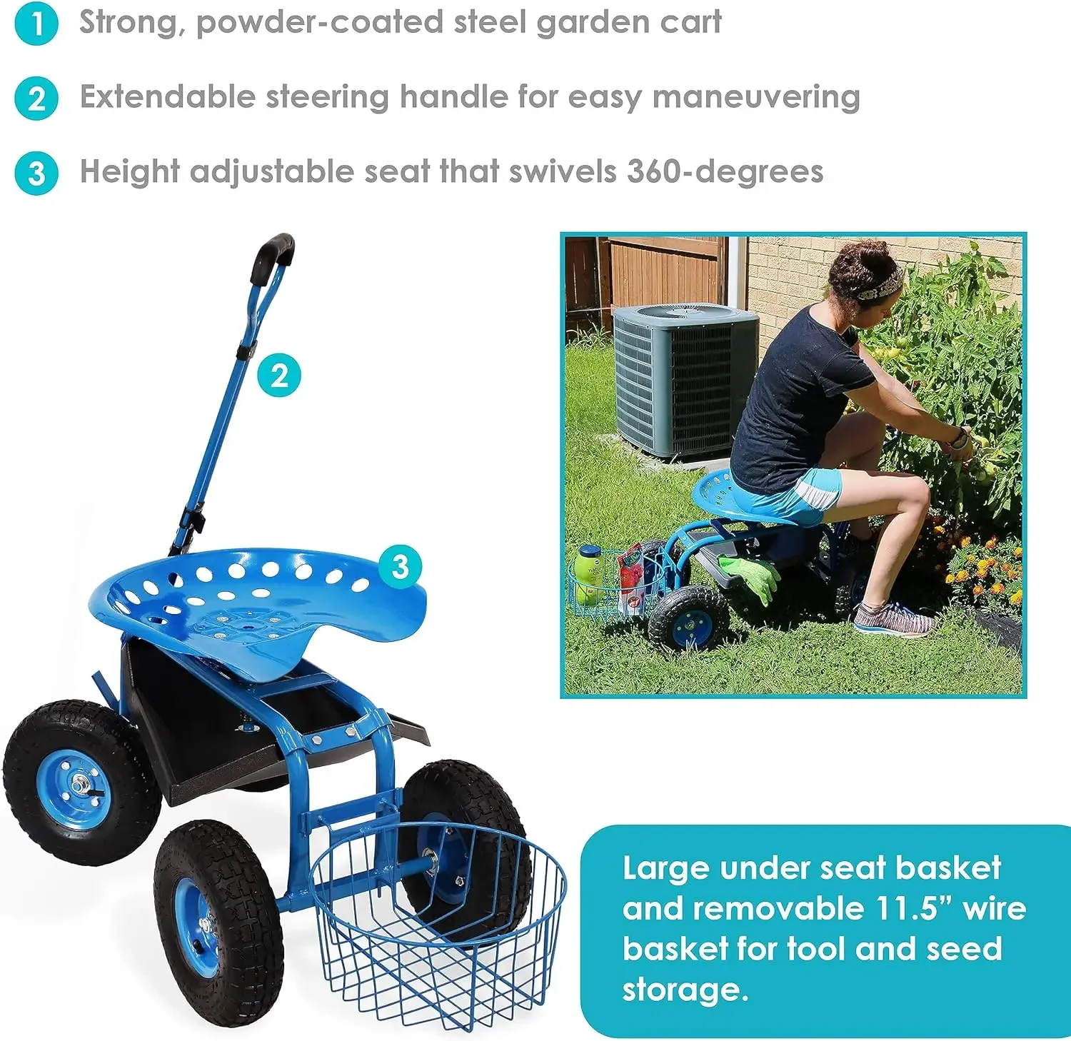 Garden Seat with Wheels - Rolling Garden Stool with Extendable Steer Handle, Swivel Seat and Utility Tool Tray - Blue