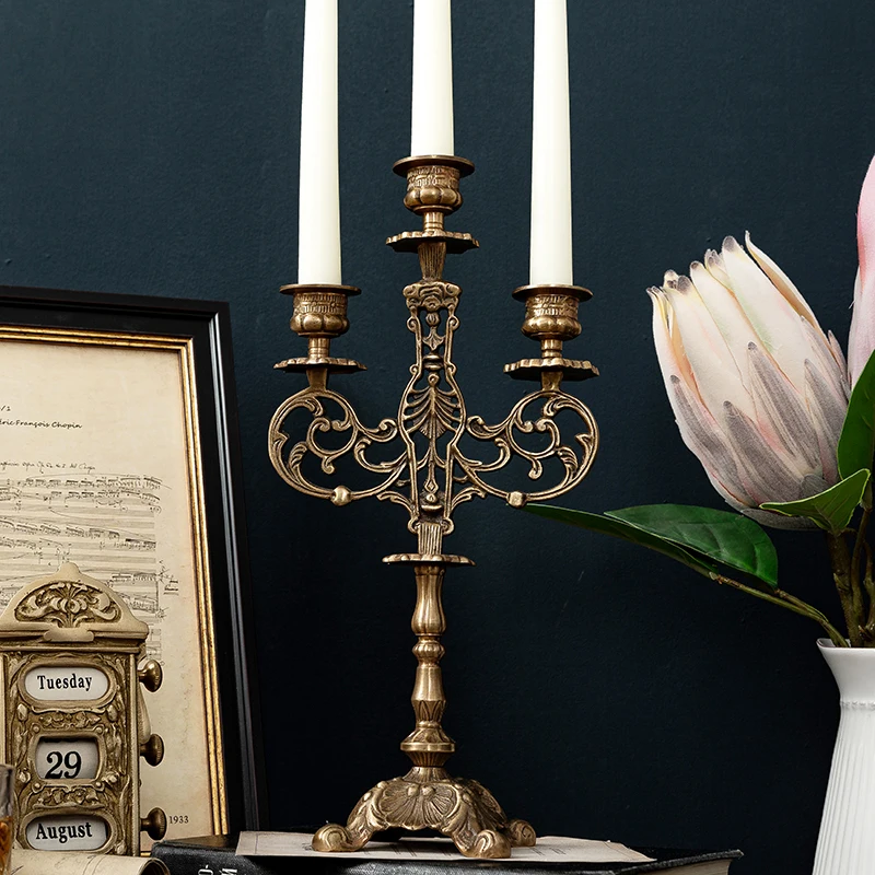 India Imported Vintage Handmade Three Headed Brass Candle Holder Luxury High-end Wedding Candlelight Evening Table