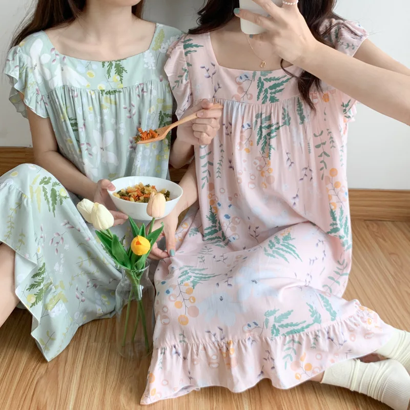 Sleeping Dress Women\'s Summer Nightgowns Thin Cotton Loose Sleeveless Nightdress Sweet Printed Girls Night Wear Home Clothing