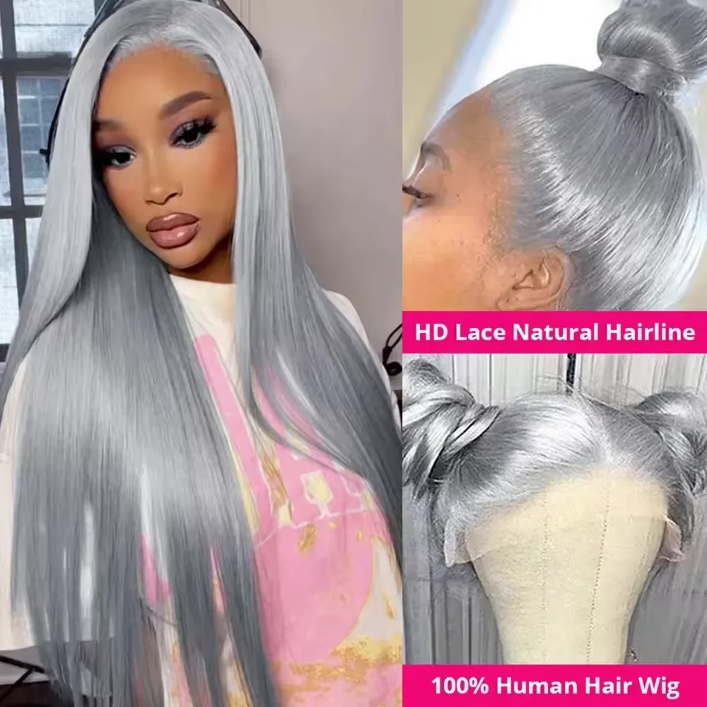 Silver Grey Colored Straight 13x4 Lace Front Wigs For Women Preplucked HD Lace Frontal Wig 250% Density Brazilian Human Hair Wig