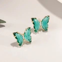 Fashion Crystal Glass Butterfly Stud Earring for Women New Hole Green Color Transparent Animal Jewelry Christmas Girl Gift