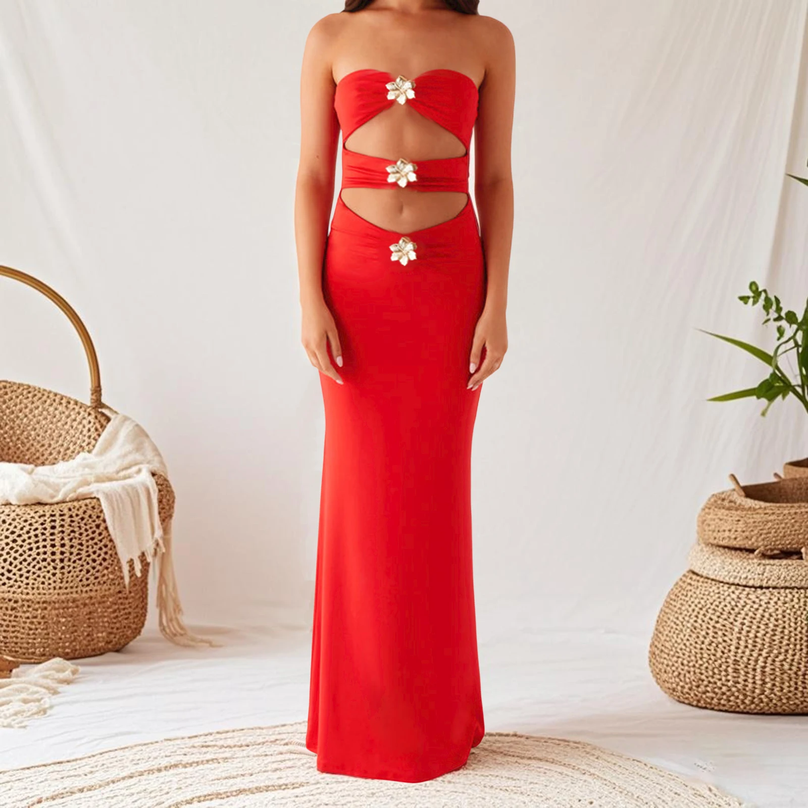 Langes Röhrenoberkleid für Damen, schmales, schulterfreies, figurbetontes Kleid mit Metallblume und Ausschnitt für Party, Club