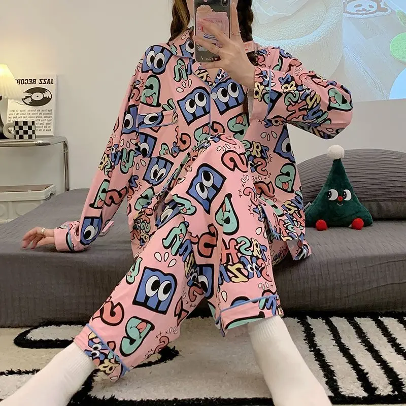 Ladies Spring Autumn Pajamas Long Sleeve Printed Sleepwear 2024 New Pyjamas Letter Cute Home Wear Loose Casual Nightdress Set