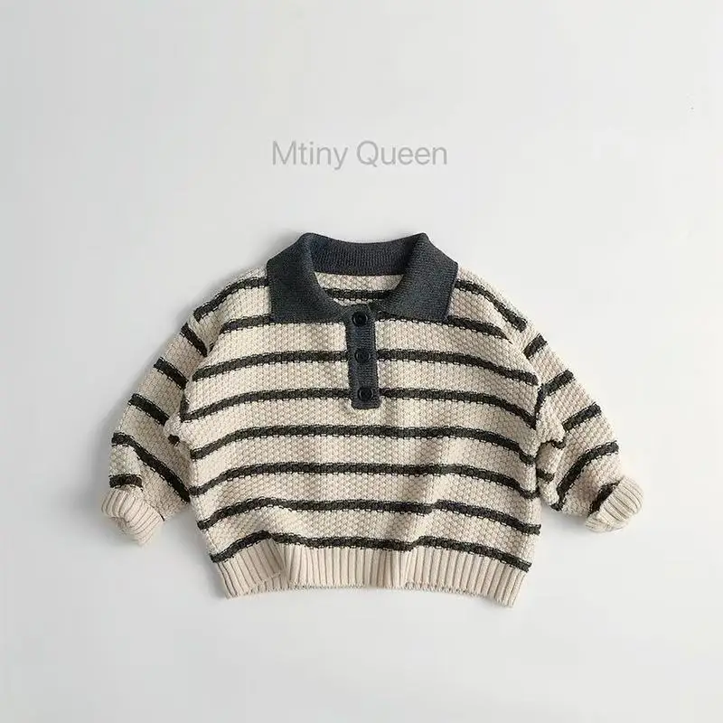 

Trendy Childrens Striped Sweater Spring and Autumn New Boys Girls Turn-down Collar Long Sleeve Knit Tops Kids Casual Clothes