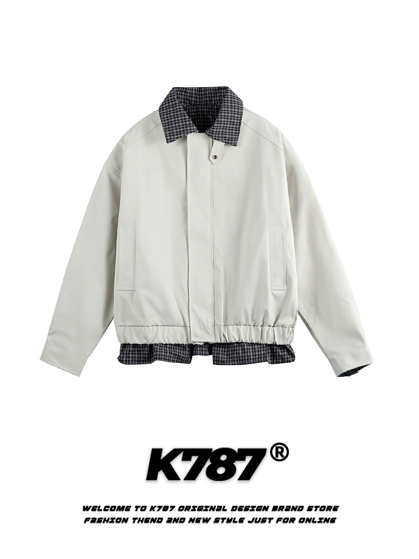

K787 American Retro Plaid Color Blo Loose Casual Jaet ex ort Outerwear Spring Youth Faion Polyester Material