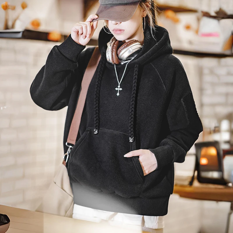 Maden Autumn and Winter Thickened Polar Fleece Hooded Sweatshirt for Women Dark Green Oversized Sweater Warm Streetwear Hoodies