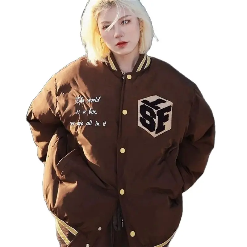 

Brown Letter Embroidery Women's Padded Clothes Retro Baseball Uniform Padded Jacket Winter Loose Add Thick Fashionable Jacket