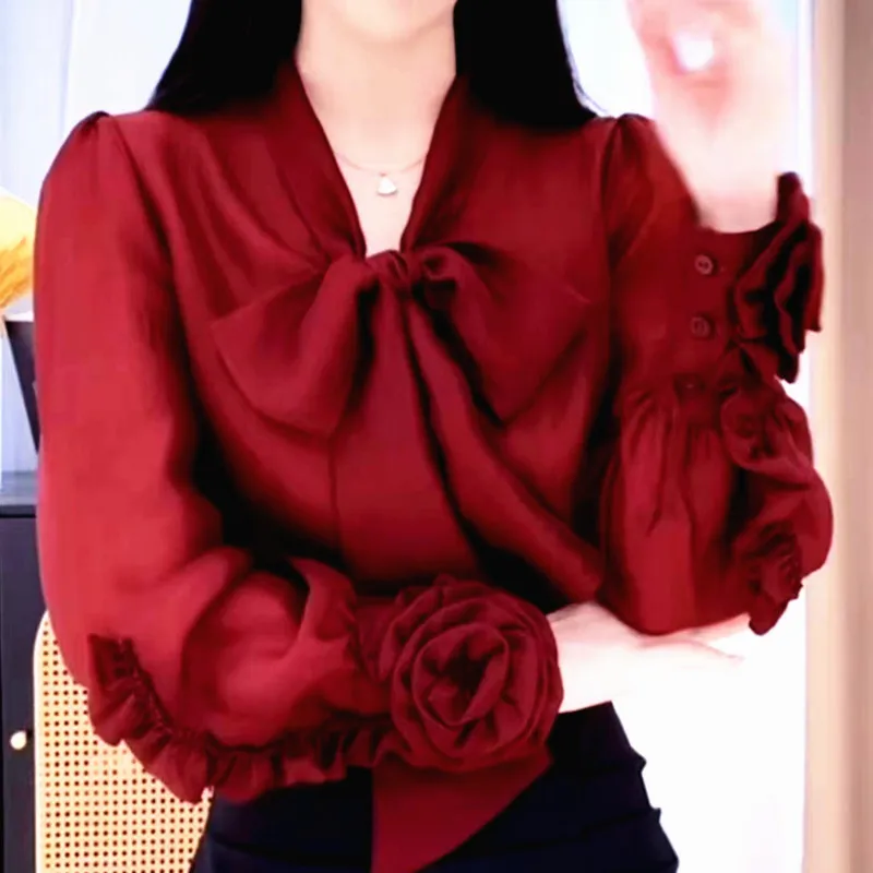 

New Design Women Chiffon Shirt Long Sleeve Flower Bow Decoration Red Fashion Casual Female Blouses Summer Women Shirts