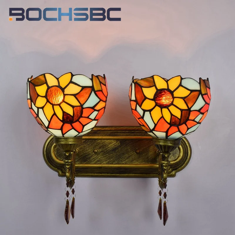 BOCHSBC Tiffany style stained glass retro sunflower double head crystal wall lamp Dining room bedroom headboard aisle LED decor